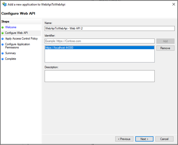 Screenshot of the Configure Web A P I page of the Add a new application to WebApiToWebApi wizard showing the correct redirect U R I.