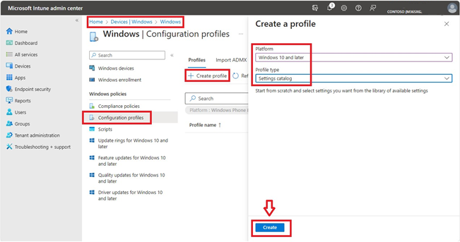 Снимок экрана: профили конфигурации Windows в Центре администрирования Microsoft Intune