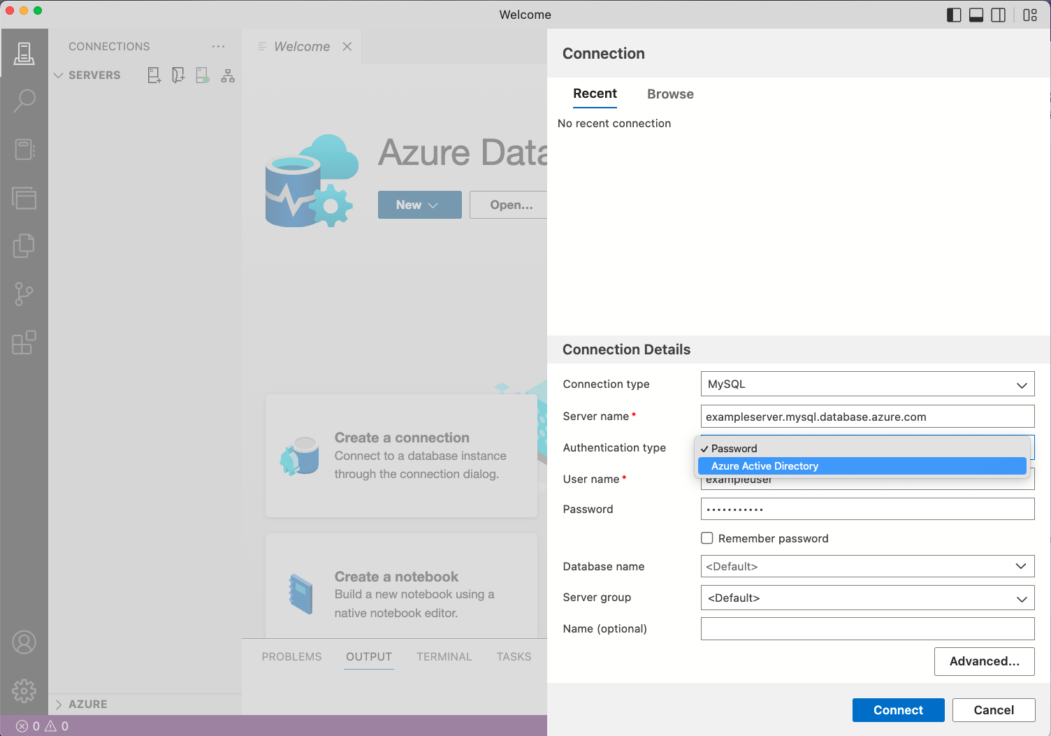 Skärmbild av den nya anslutningsskärmen för att ansluta till MySQL-servern.