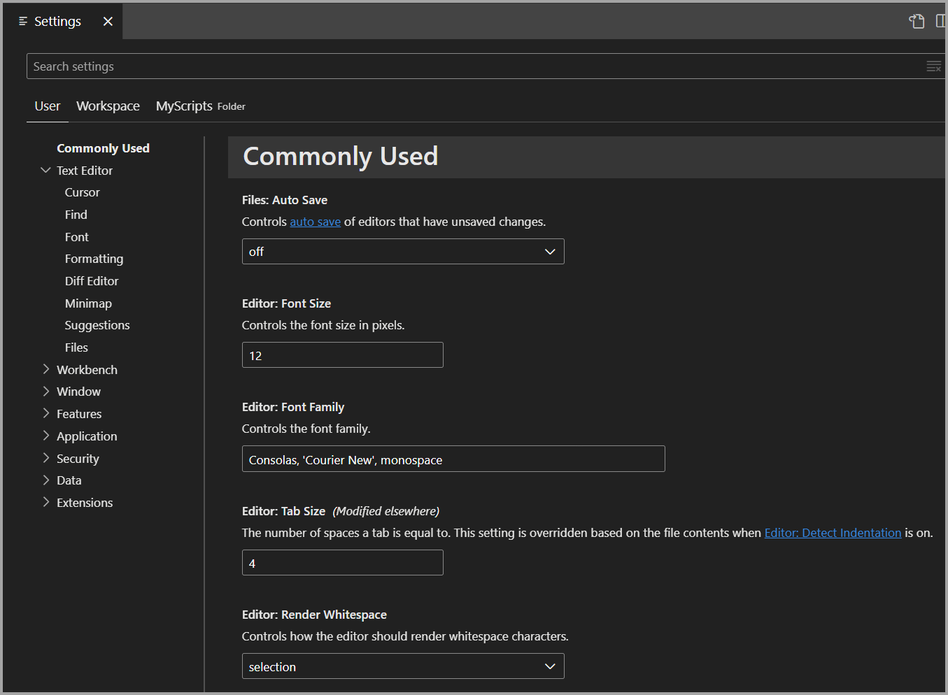 Skärmbild av inställningsredigeraren i Azure Data Studio.