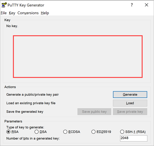 PuTTY-nyckelgenerator med en tom nyckelruta