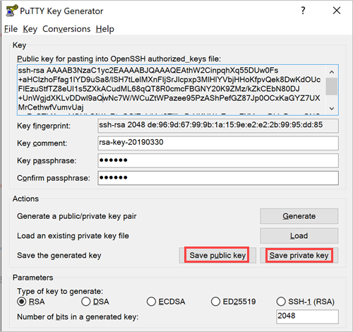 PuTTY-nyckelgenerator med en ifylld nyckelruta