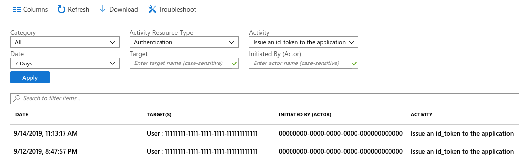 Exempelfilter med två aktivitetshändelser i Azure Portal