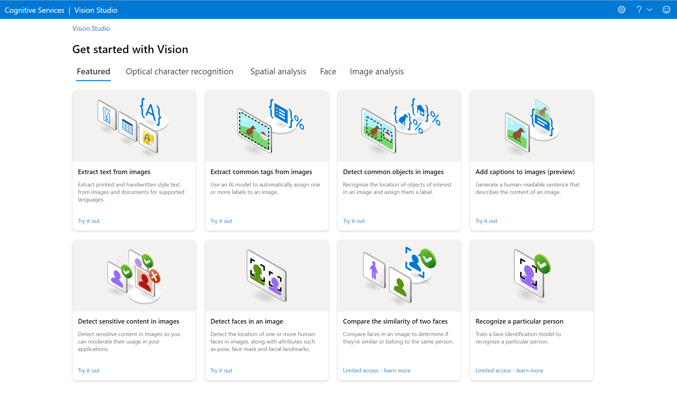 Skärmbild av Vision Studio-startsidan.