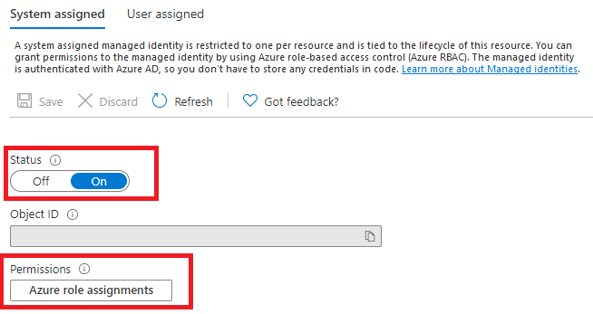 Skärmbild av aktivera systemtilldelad hanterad identitet i Azure Portal.