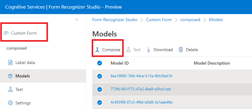 Skärmbild av modellkonfigurationsfönstret i Document Intelligence Studio.