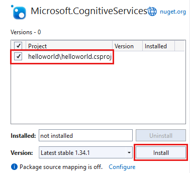 Skärmbild som visar microsoft.cognitiveservices.speech-paketet valt med projektet och knappen Installera markerad.