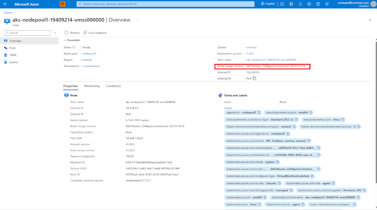 En skärmbild av nodsidan för ett AKS-kluster i Azure Portal. Etiketten för nodavbildningsversionen visar tydligt basnodavbildningen och det senaste tillämpade säkerhetskorrigeringsdatumet.