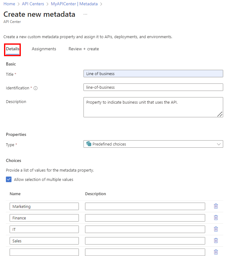 Skärmbild av att lägga till anpassade metadata i portalen.