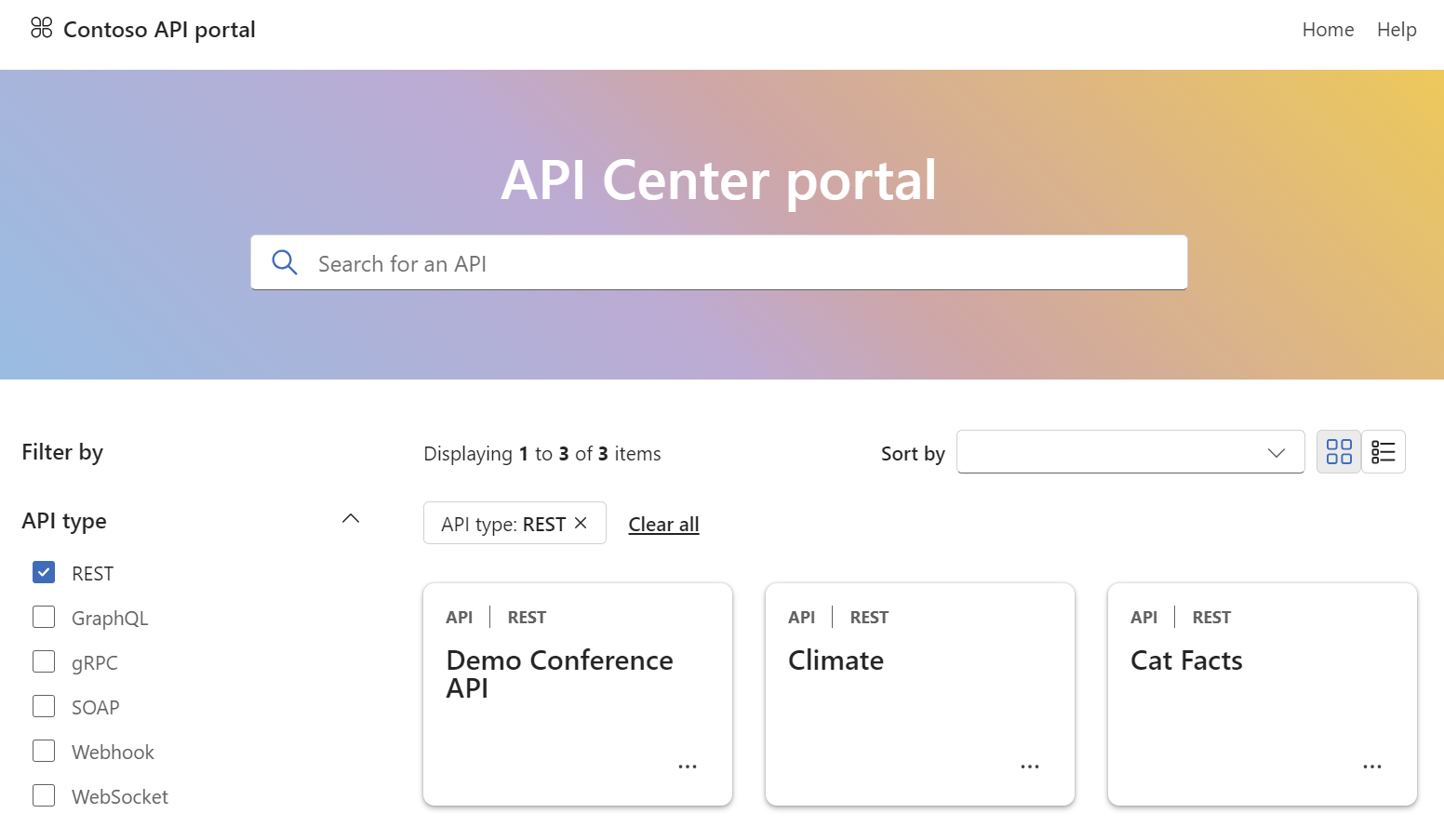 Skärmbild av API Center-portalen efter att användaren har loggat in.