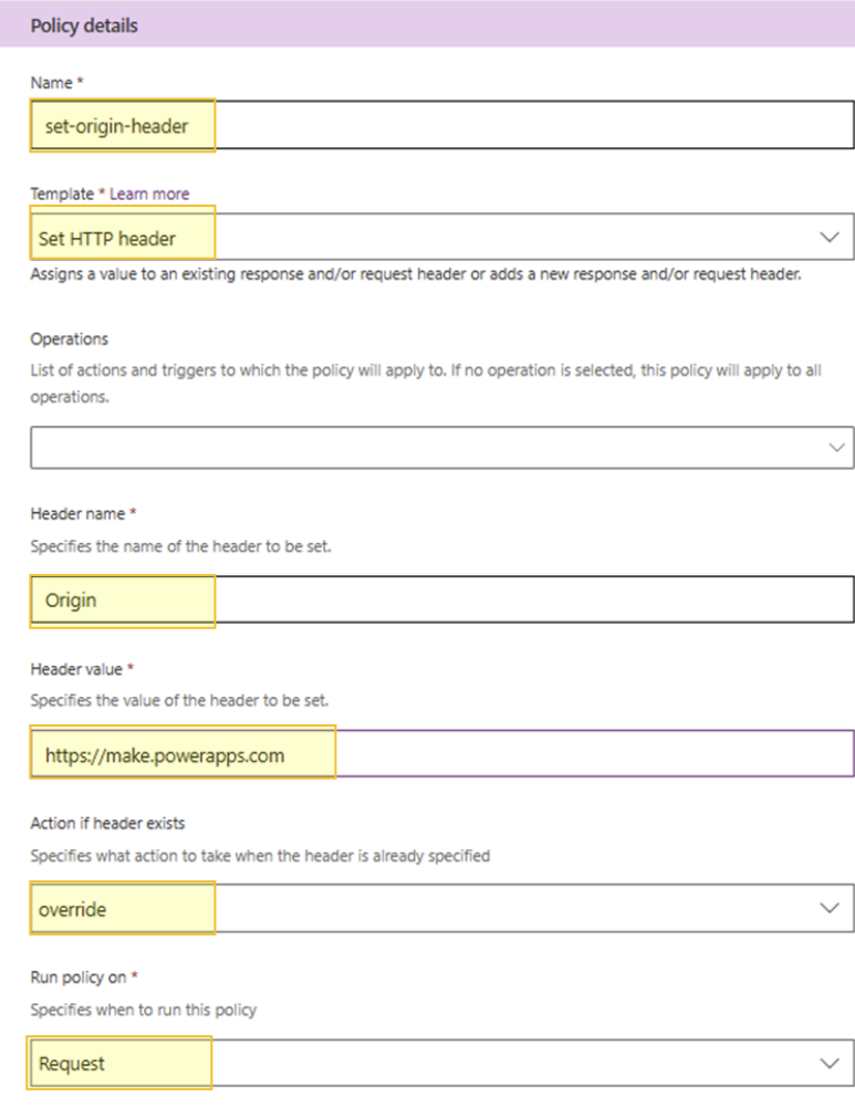 Skärmbild av att skapa en princip i power platform-anpassad anslutningsapp för att ange ett Origin-huvud i HTTP-begäranden.