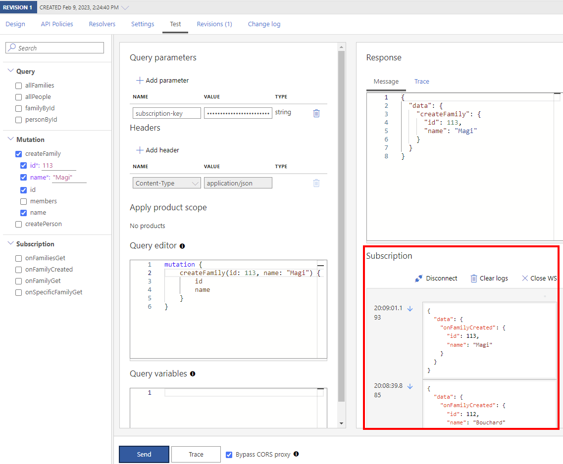 Skärmbild av GraphQL-prenumerationshändelser i portalen.