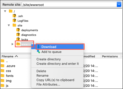 Skärmbild av en FileZilla-filhierarki. Mappen wwwroot är markerad och dess snabbmeny är synlig. Ladda ned är markerat på den menyn.