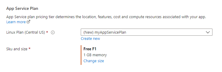 Skärmbild av avsnittet App Service-plan.