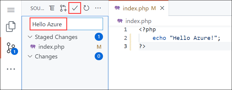 Skärmbild av Visual Studio Code i webbläsaren, panelen Källkontroll med ett incheckningsmeddelande om 