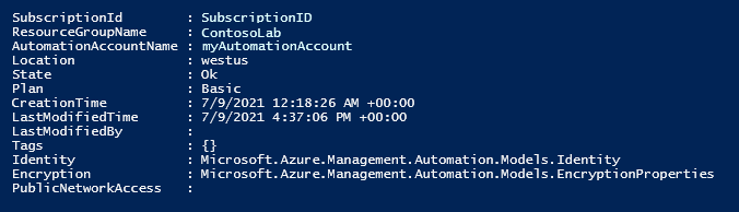 Utdata från kommandot set-azautomationaccount.