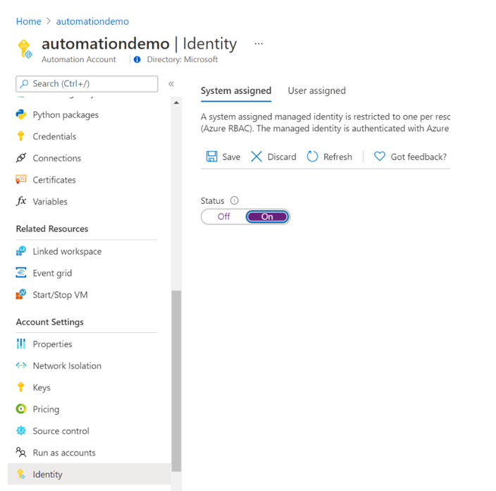 Aktivera systemtilldelad identitet i Azure Portal.