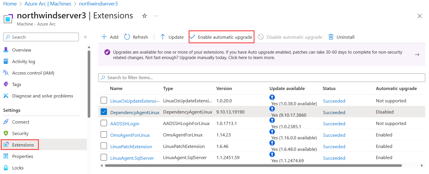 Skärmbild av en Azure Arc-aktiverad server i Azure Portal som visar var du ska gå till tillägg.