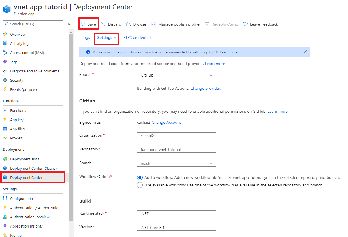 Skärmbild av hur du distribuerar Azure Functions kod via portalen.