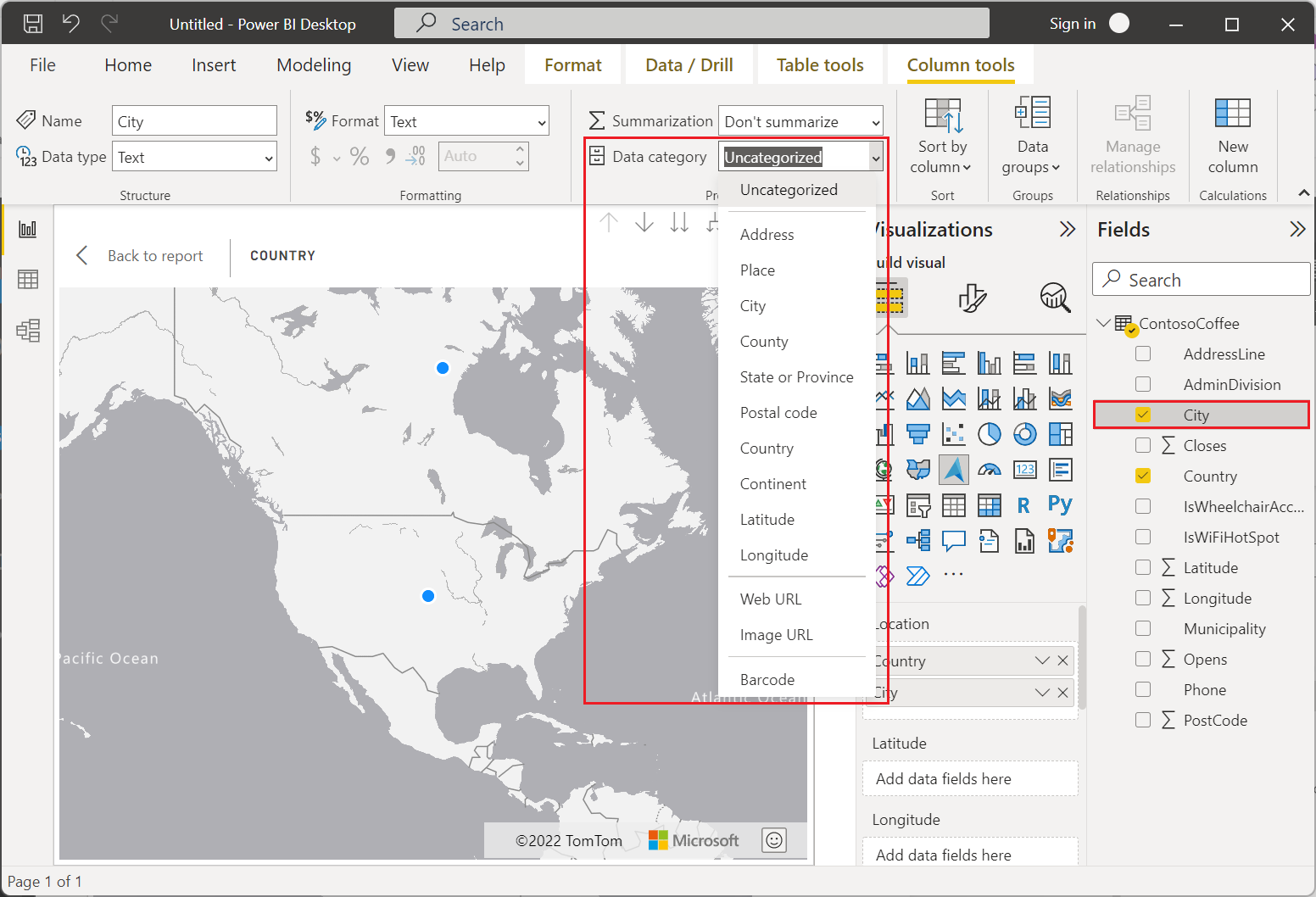 En skärmbild som visar listrutan datakategori i Power BI Desktop.