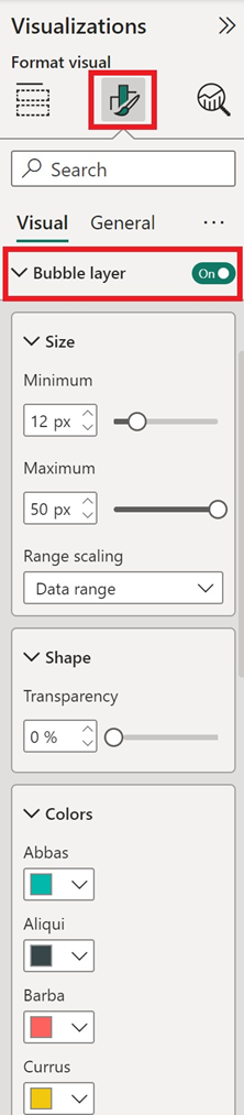 En skärmbild som visar inställningarna för cirkeldiagrammet som visas i avsnittet bubblor när formatfliken väljs i visualiseringsfönstret i power BI.