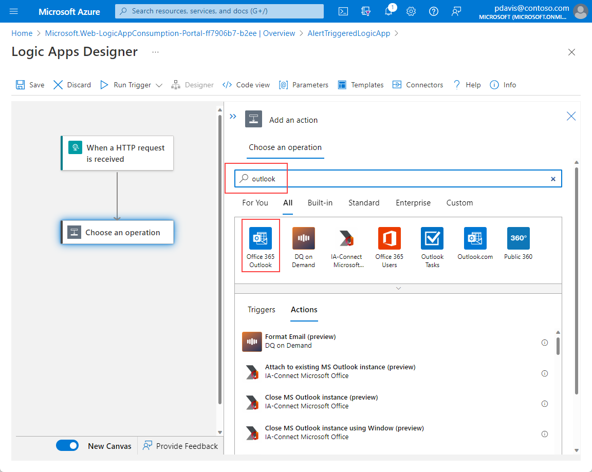 Skärmbild som visar sidan Lägg till en åtgärd i Logic Apps Designer med Office 365 Outlook markerat.