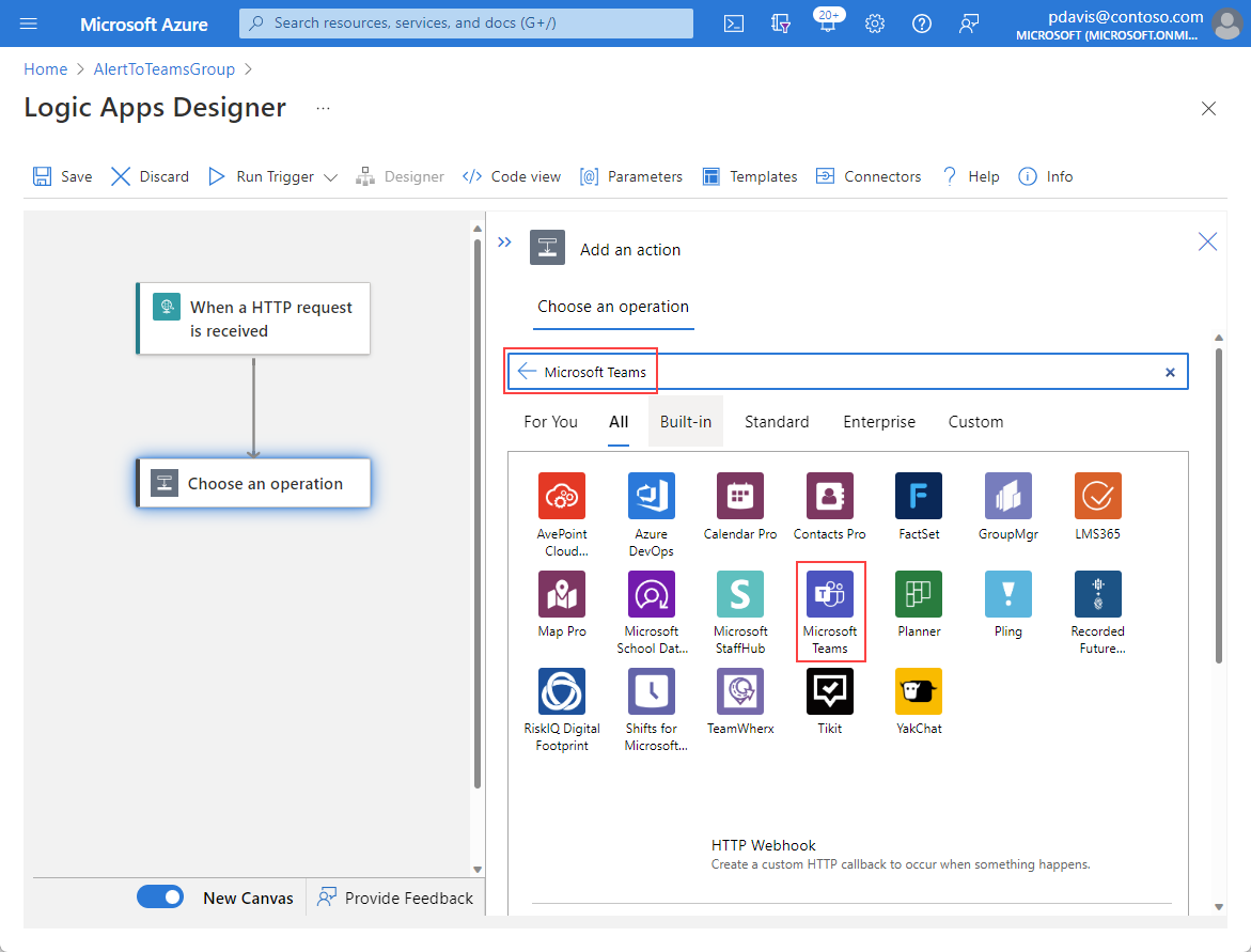 Skärmbild som visar sidan Lägg till en åtgärd i Logic Apps Designer med Microsoft Teams valt.