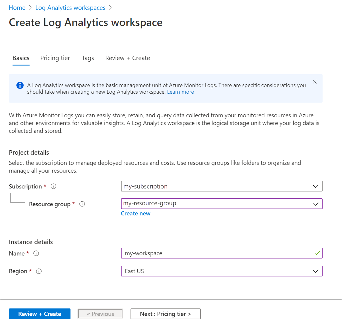 Skärmbild som visar de rutor som måste fyllas i på fliken Grundläggande på skärmen Skapa Log Analytics-arbetsyta.