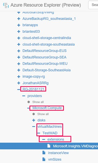 Skärmbild som visar hur du går till WAD-konfiguration i Azure Resource Explorer.