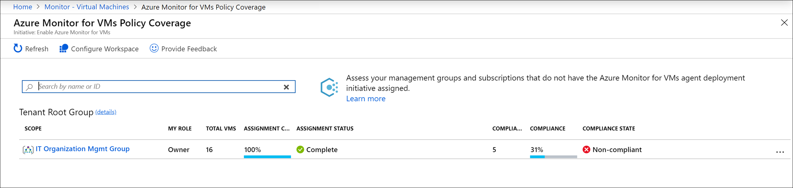 Skärmbild som visar azure monitor för virtuella datorers policytäckningssida för virtuella datorer.