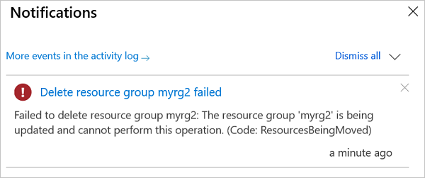 Skärmbild av Azure Portal som visar ett felmeddelande när du försöker ta bort en resursgrupp som är involverad i en pågående flyttåtgärd.
