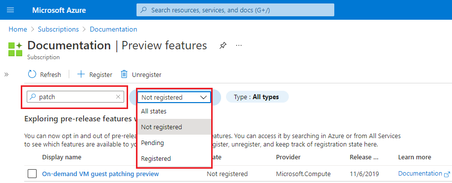 Skärmbild av förhandsversionsfunktionerna för Azure-portalens filter.