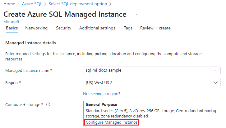 Skärmbild av sidan Skapa Azure SQL Managed Instance med Konfigurera hanterad instans markerad.