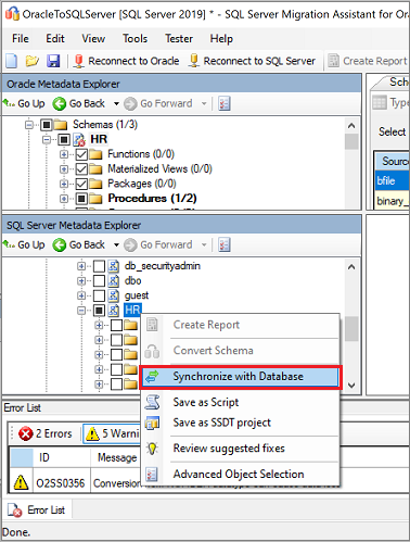 Screenshot that shows the Synchronize with Database command.