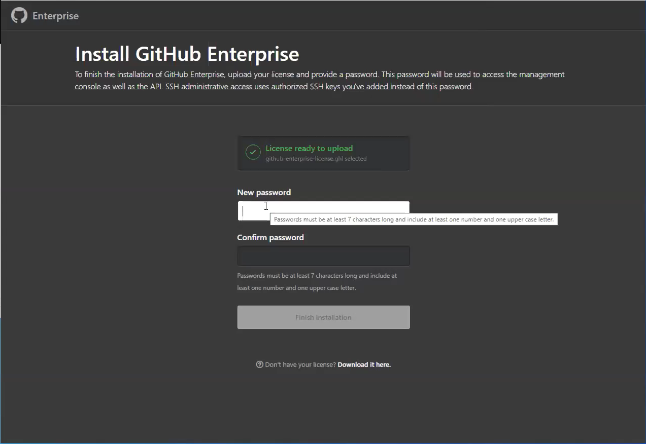 Skärmbild av fönstret Installera GitHub Enterprise.