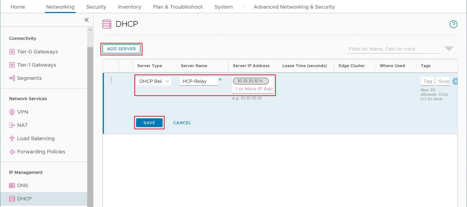 Skärmbild som visar hur du skapar en DHCP Relay-tjänst i NSX Manager.