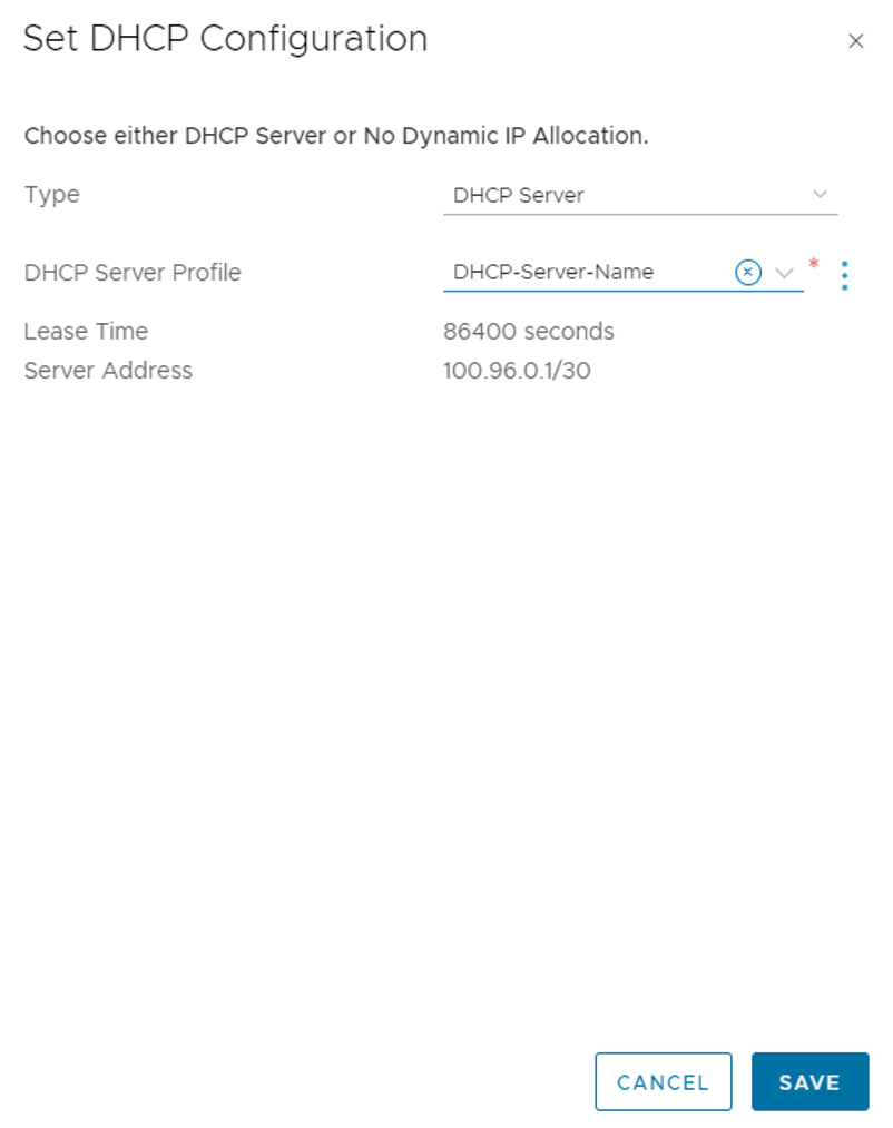 Skärmbild som visar hur du redigerar NSX Tier-1 Gateway för användning av en DHCP-server.