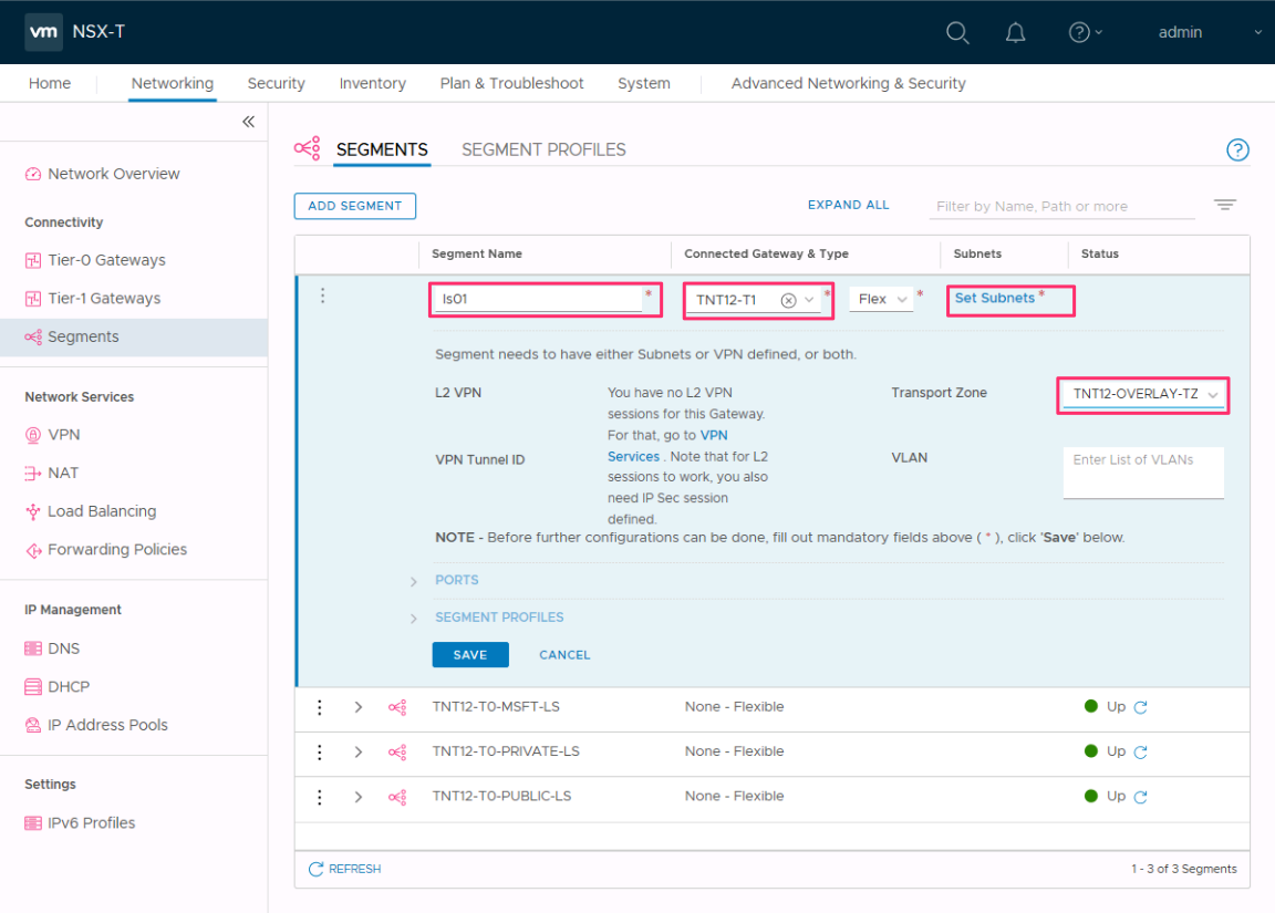 Skärmbild som visar segmentinformationen för att lägga till ett nytt NSX-nätverkssegment.