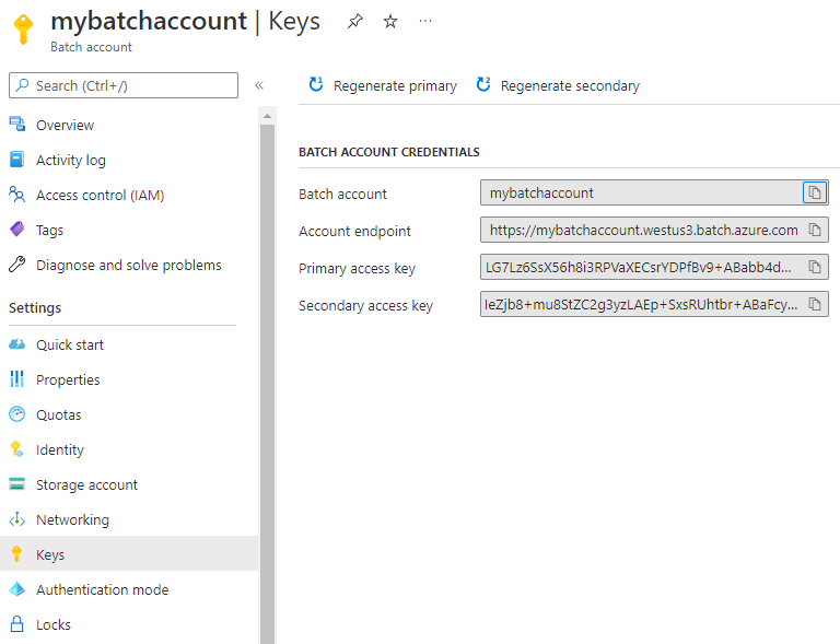 Skärmbild av Batch-kontonycklar i Azure-portalen.
