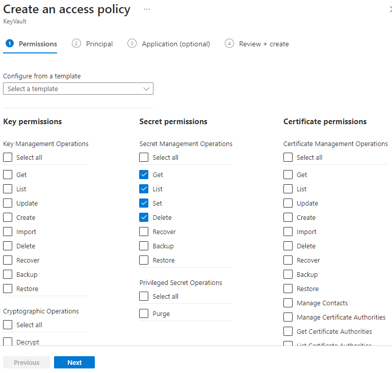 Skärmbild av val av hemliga behörigheter för Azure Batch