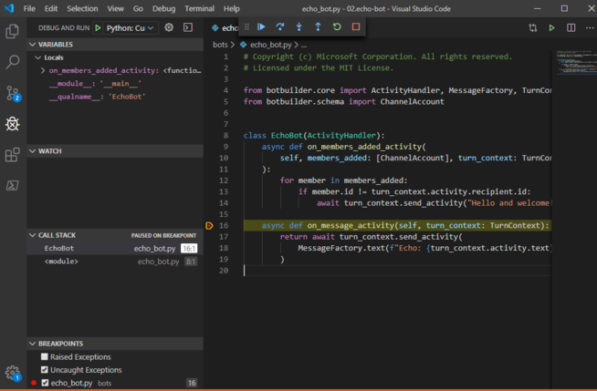 En skärmbild av en Python-robot i Visual Studio Code, pausad vid en brytpunkt.