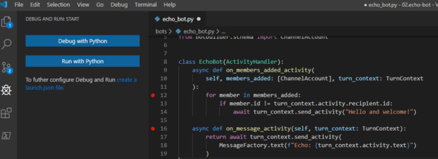 En skärmbild av en Python-brytpunkt som angetts i Visual Studio Code.