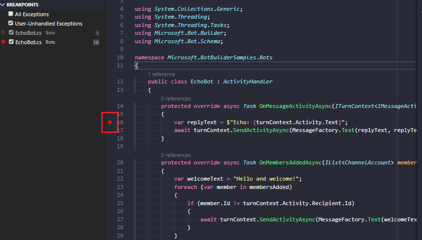 En skärmbild av en C#-brytpunkt som angetts i Visual Studio Code.