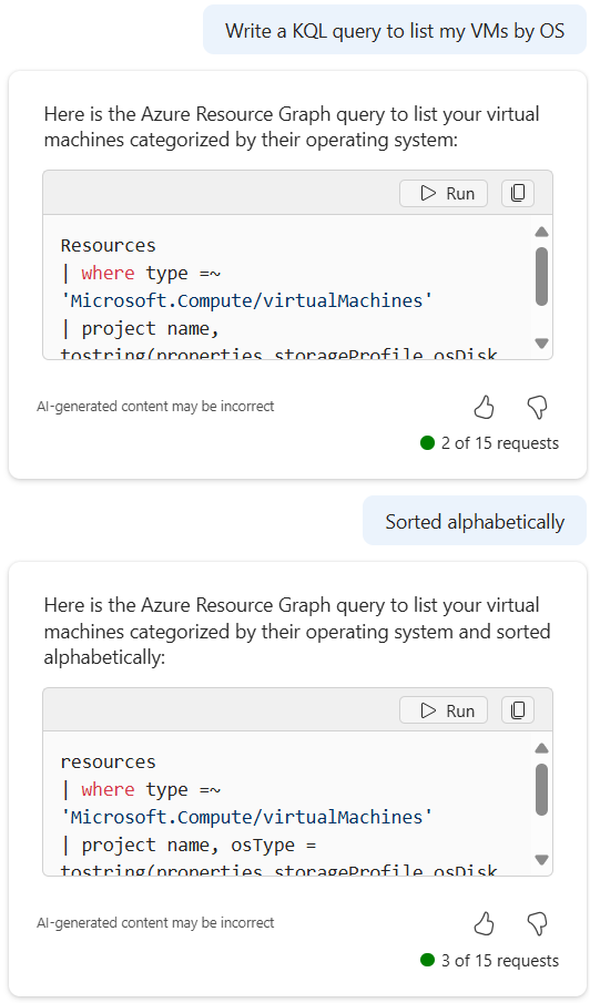 Skärmbild av Microsoft Copilot i Azure (förhandsversion) som genererar och sedan ändrar en fråga för att lista virtuella datorer efter operativsystem.