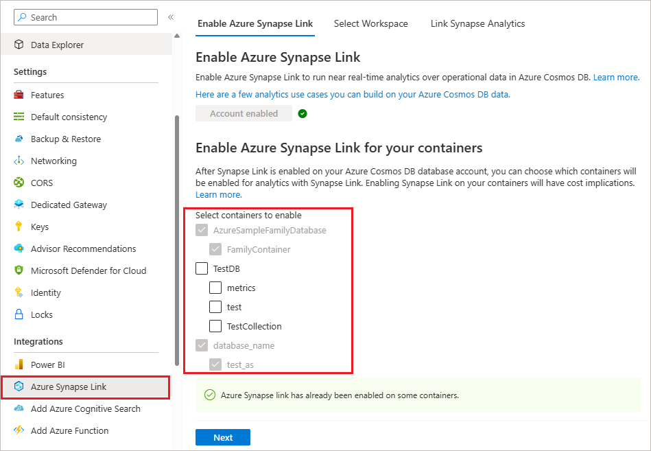 Skärmbild som visar hur du aktiverar analysarkivet för en befintlig Azure Cosmos DB-container.