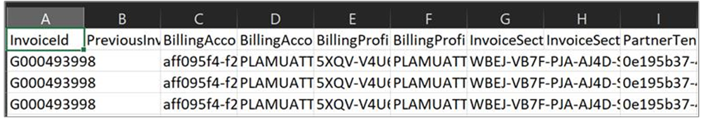 Skärmbild som visar ett exempel på exporterade data i en CSV-fil.