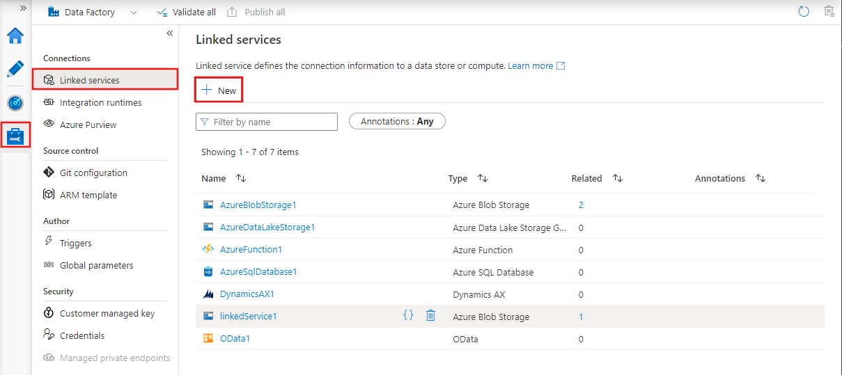 Visar fliken Hantera i Azure Data Factory Studio med länkade tjänster och knappen Ny markerad.