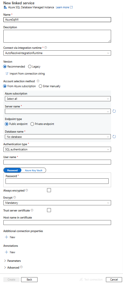 Skärmbild av konfiguration av länkad tjänst för en SQL Managed-instans.