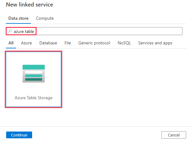 Skärmbild av Azure Table Storage-anslutningsappen.