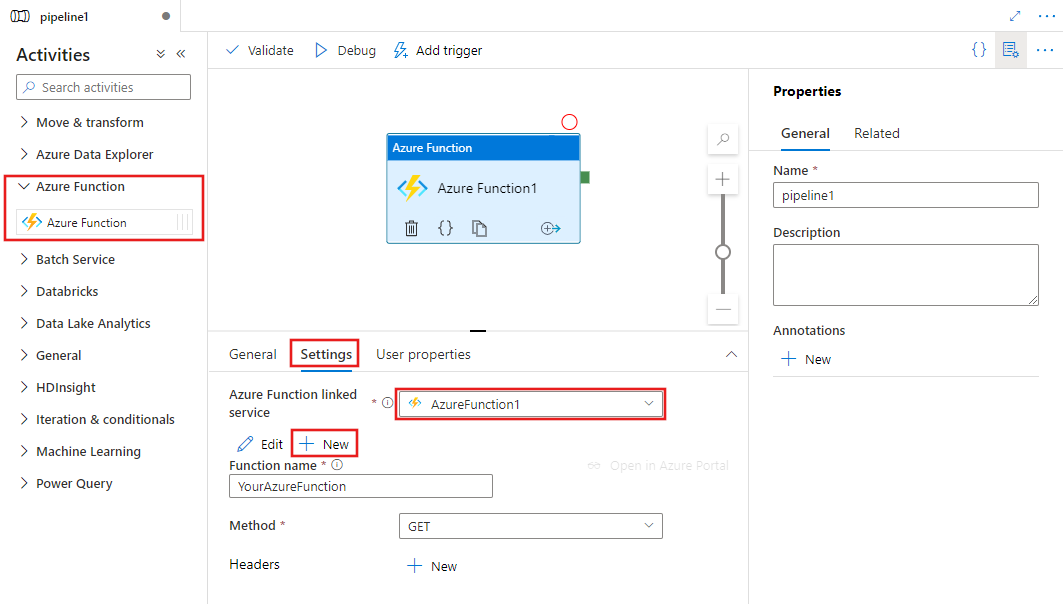 Visar användargränssnittet för en Azure-funktionsaktivitet.